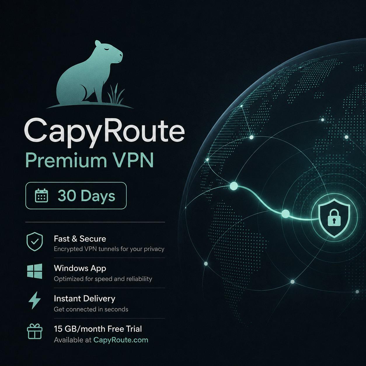 CapyRoute Premium VPN – 1 Month | Fast & Secure VPN for Windows